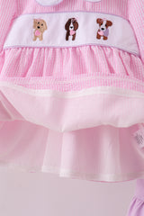 Pink puppy embroidery seersucker ruffle pants set