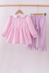 Pink puppy embroidery seersucker ruffle pants set