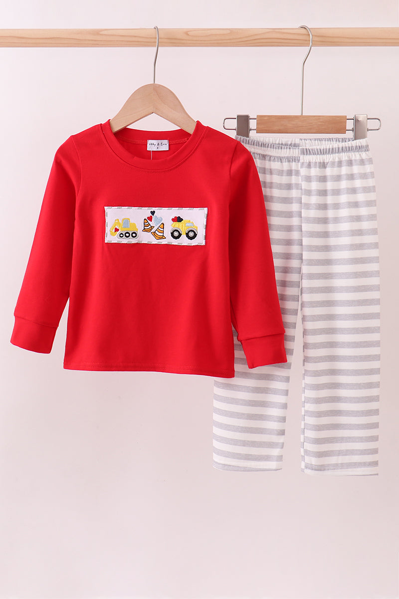 Red construction embroidery stripe pants set