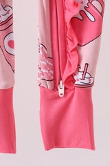 Pink heart print bamboo pajama ruffle zipper romper
