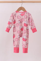 Pink heart print bamboo pajama ruffle zipper romper