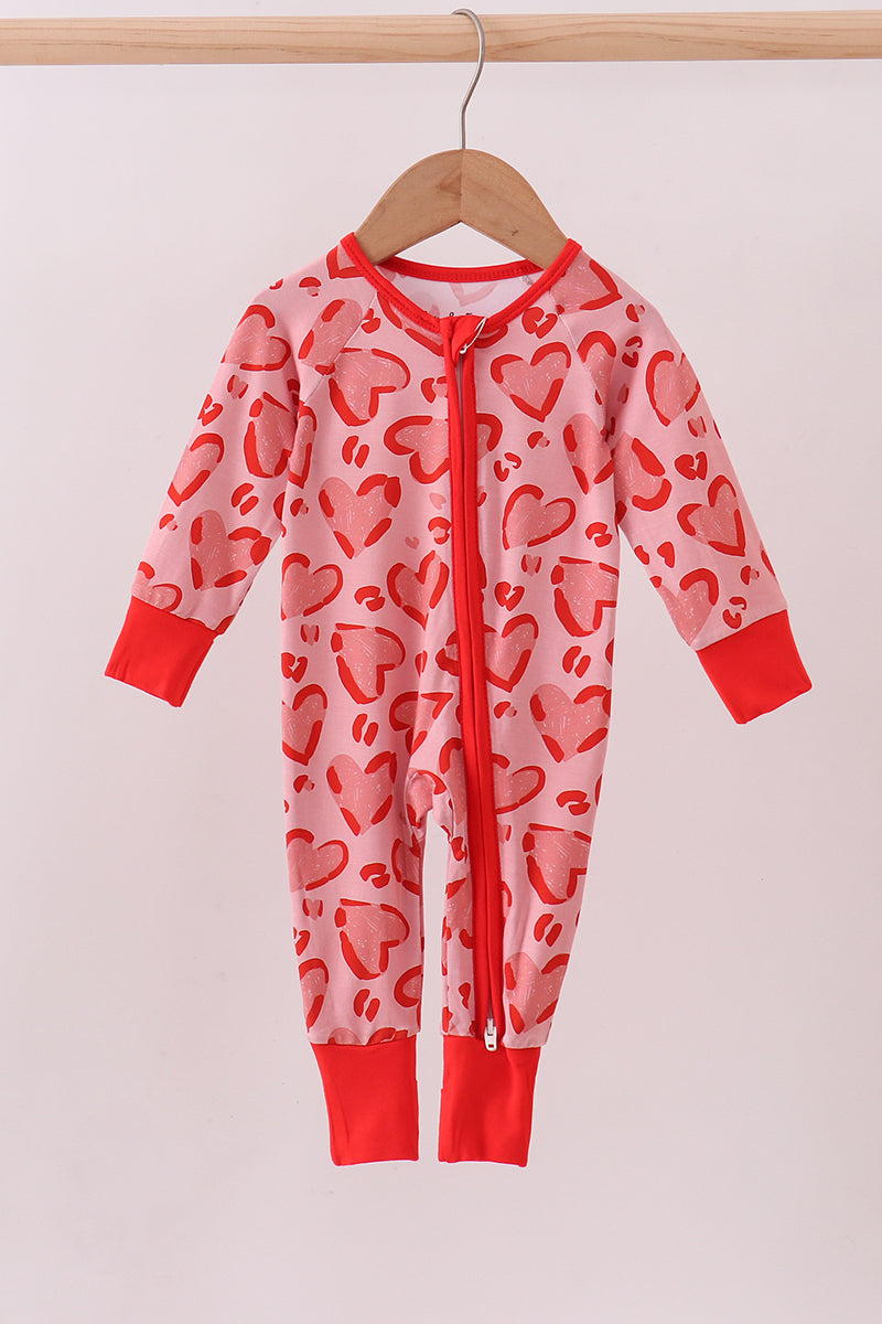 Red heart print bamboo zipper romper