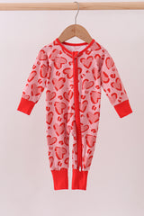 Red heart print bamboo zipper romper