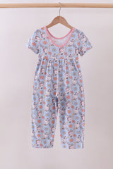 Blue chicken floral print pajama jumpsuit