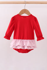 Red heart bow applique ruffle bubble
