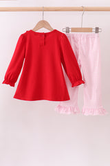 Red heart bow applique ruffle pants set
