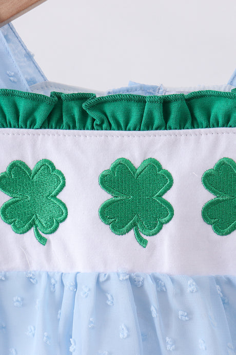 Blue clover embroidery swiss dot bubble