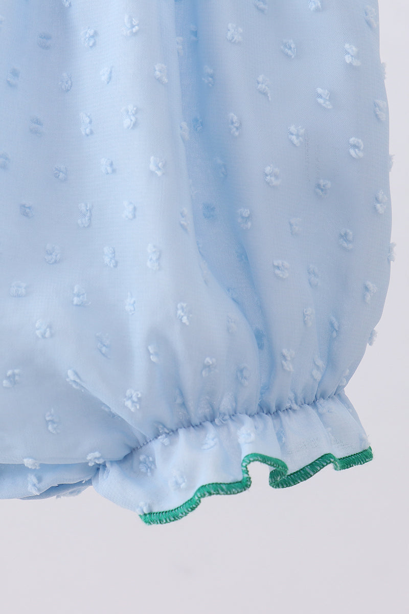 Blue clover embroidery swiss dot bubble