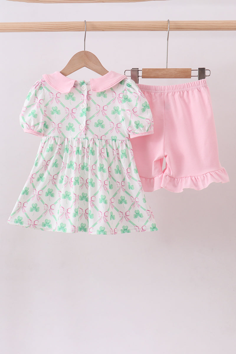 Pink clover bow embroidery shorts set