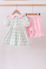 Pink clover bow embroidery shorts set