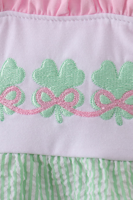 Green clover bow embroidery seersucker bubble