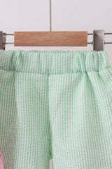 Pink clover bow embroidery seersucker ruffle shorts set