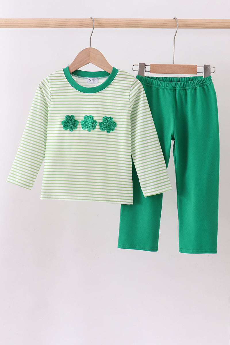Green clover french knot stripe pants set