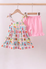 Pink enjoy beach ruffle shorts set