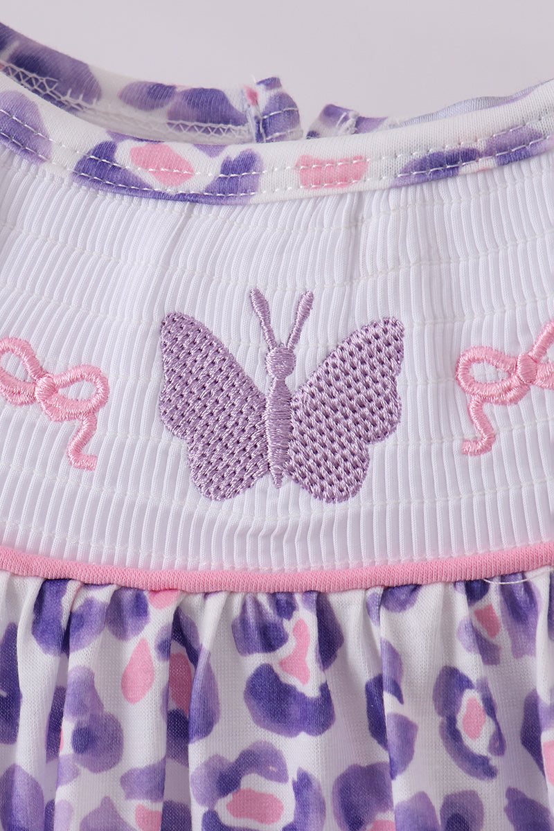 Purple leopard butterfly smocked dress