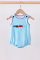 Blue truck embroidery seersucker bubble