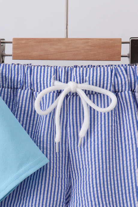 Blue truck embroidery seersucker shorts set
