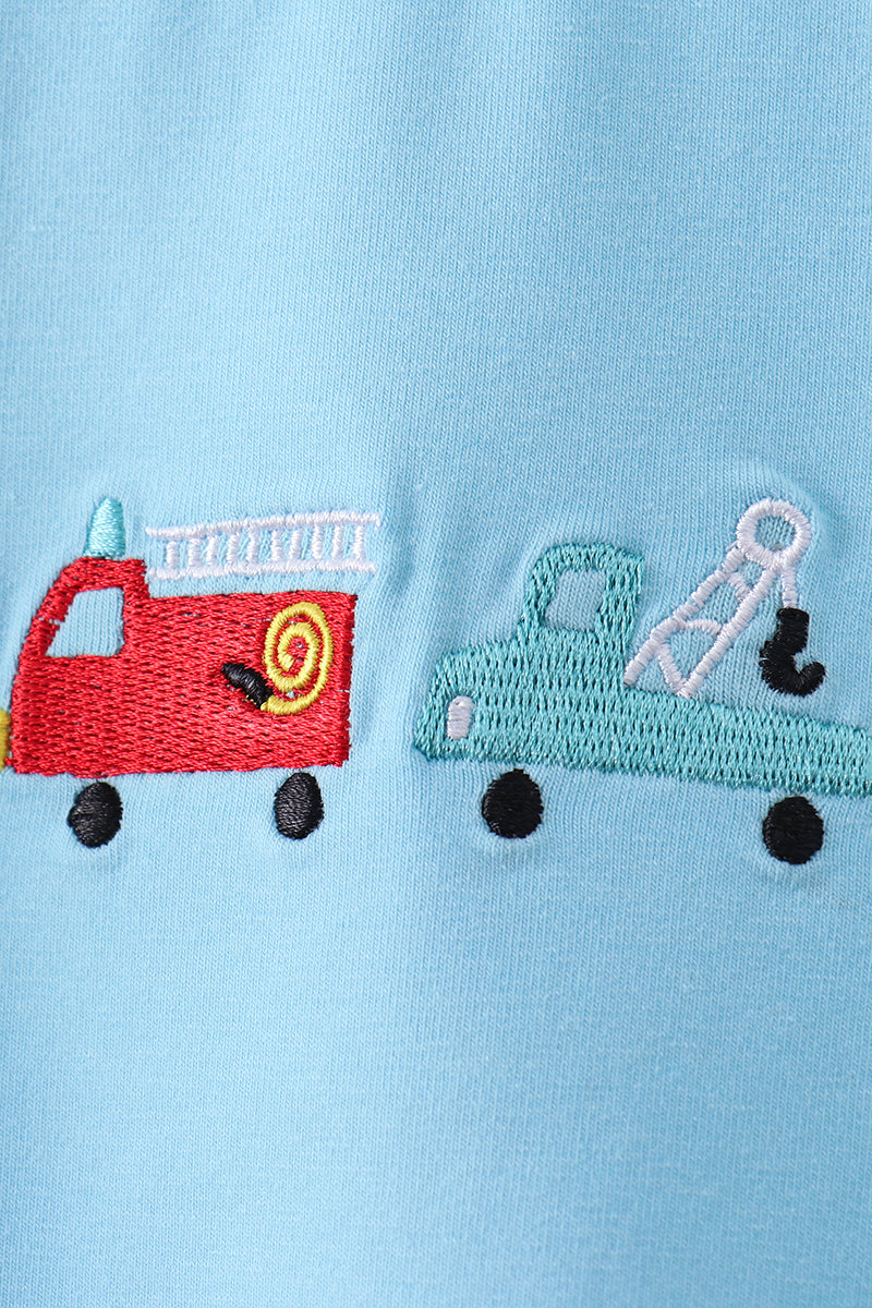 Blue truck embroidery seersucker shorts set