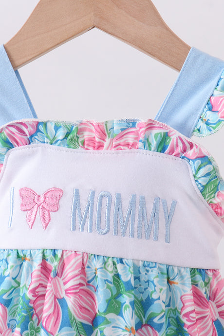 Blue I love MOMMY embroidery ruffle bubble