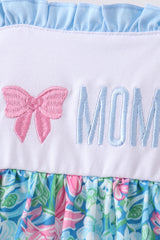 Blue I love MOMMY embroidery ruffle shorts set