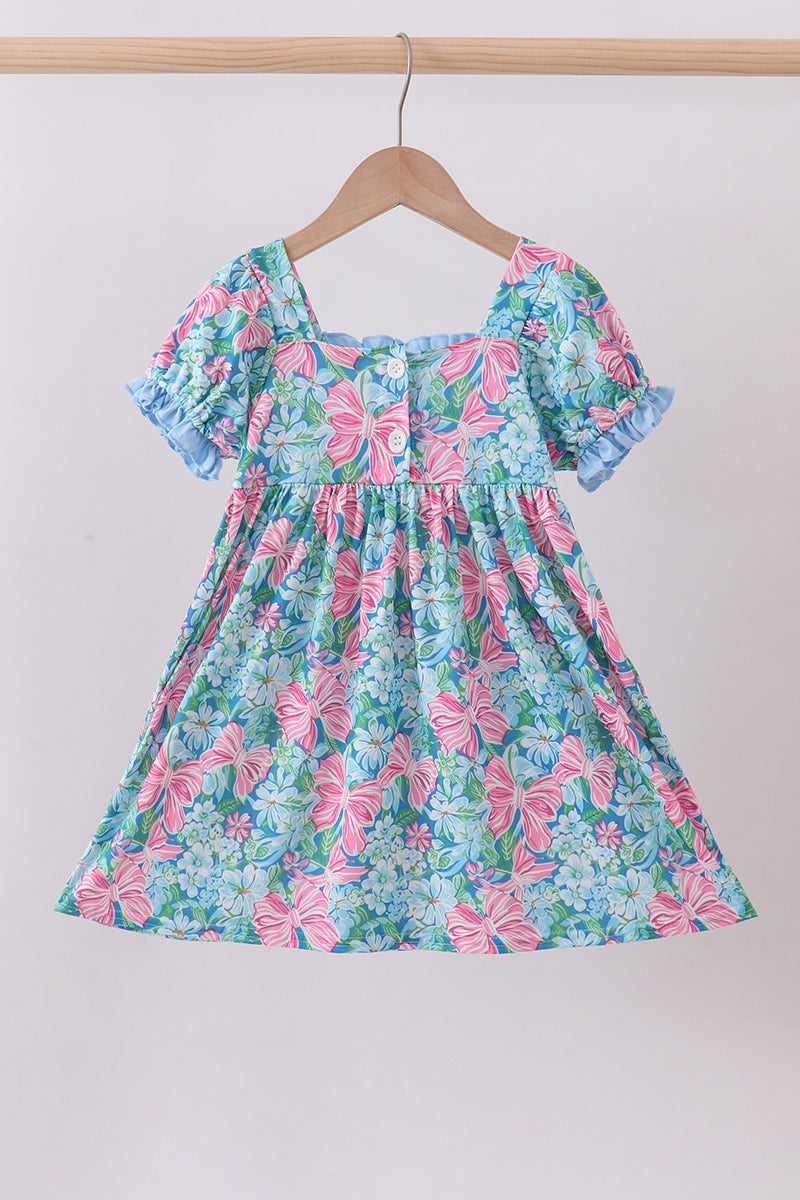 Blue I love MOMMY embroidery ruffle dress