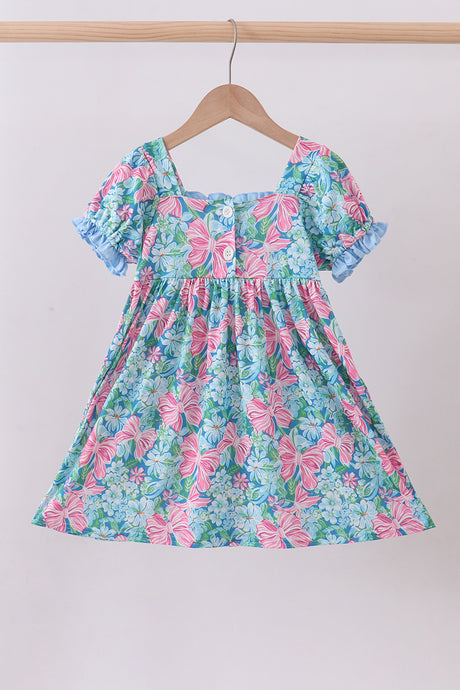 Blue I love MOMMY embroidery ruffle dress
