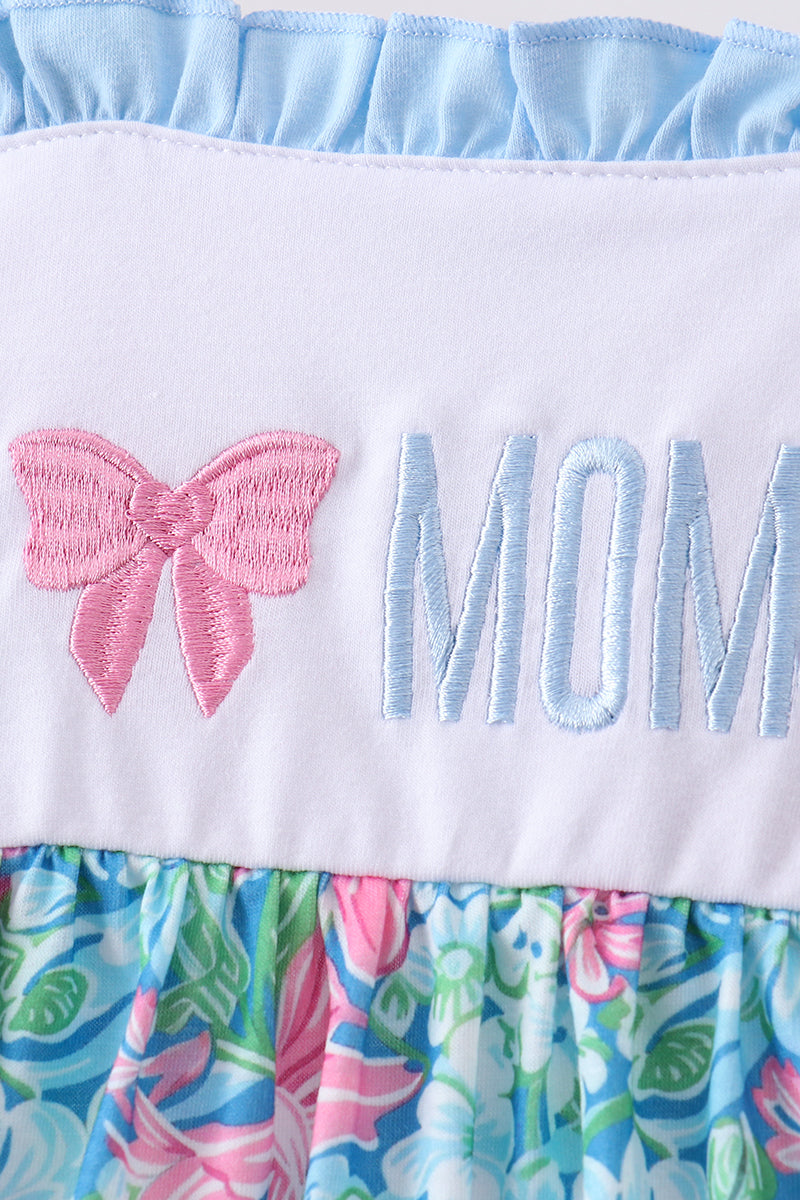 Blue I love MOMMY embroidery ruffle dress