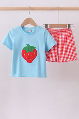 Blue strawberry applique gingham shorts set