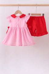Pink strawberry swiss dot shorts set