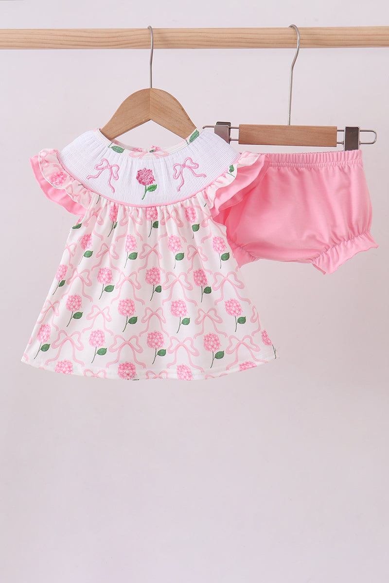 Pink bow hydrangea smocked bloomer set