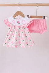 Pink bow hydrangea smocked bloomer set
