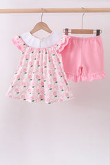 Pink bow hydrangea smocked shorts set