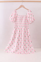 Pink bow hydrangea smocked women dress