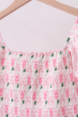 Pink bow hydrangea smocked women dress