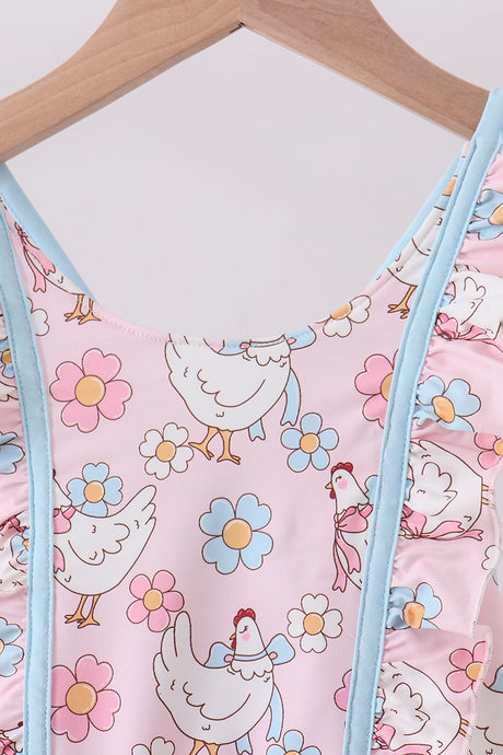 Pink chicken floral one-piece swimsuit