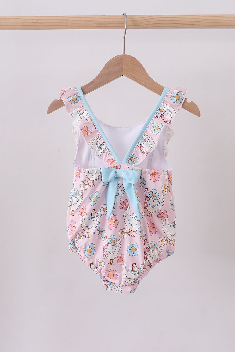 Pink chicken floral one-piece swimsuit