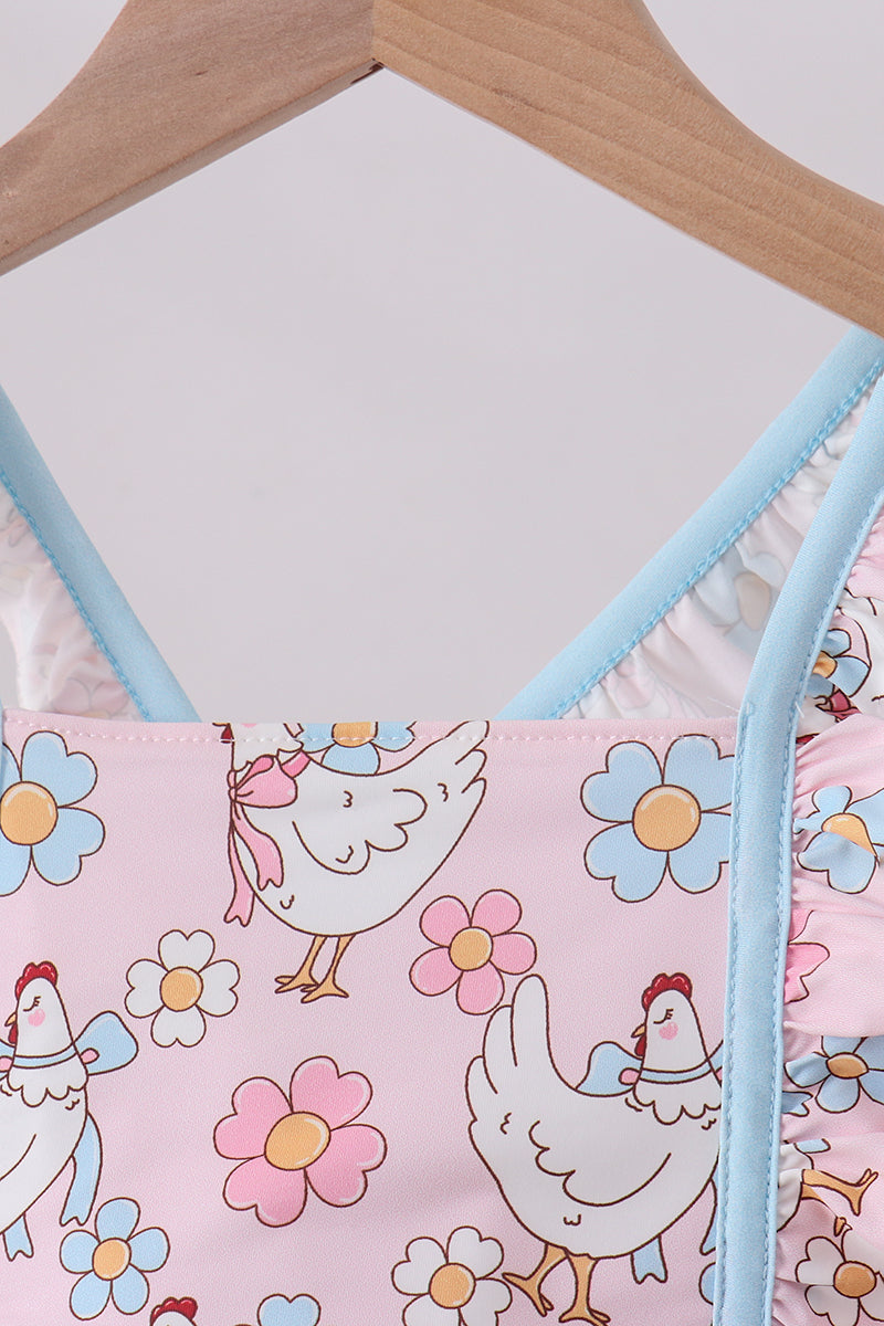 Pink chicken floral 2pcs ruffle swimsuit