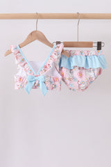 Pink chicken floral 2pcs ruffle swimsuit