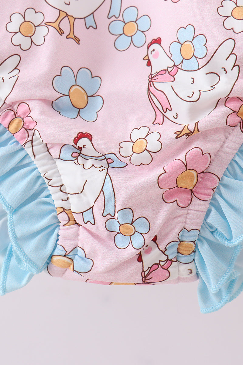 Pink chicken floral rashguard swimsuit