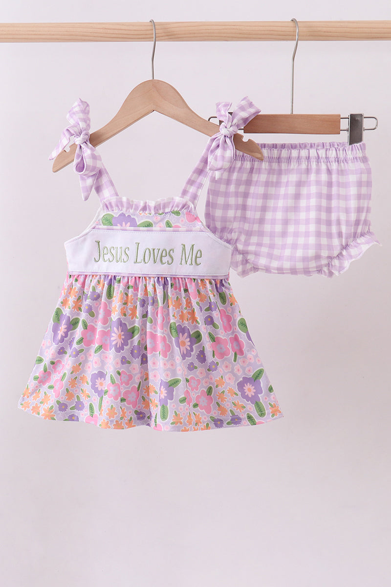 Purple floral Jesus loves me embroidery bloomer set