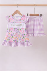 Purple floral Jesus loves me embroidery shorts set