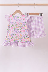 Purple floral Jesus loves me embroidery shorts set