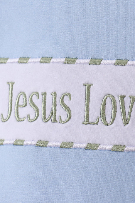 Blue Jesus loves me embroidery shorts set