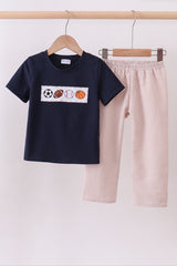 Navy seersucker Game Day Sports embroidery stripe pants set