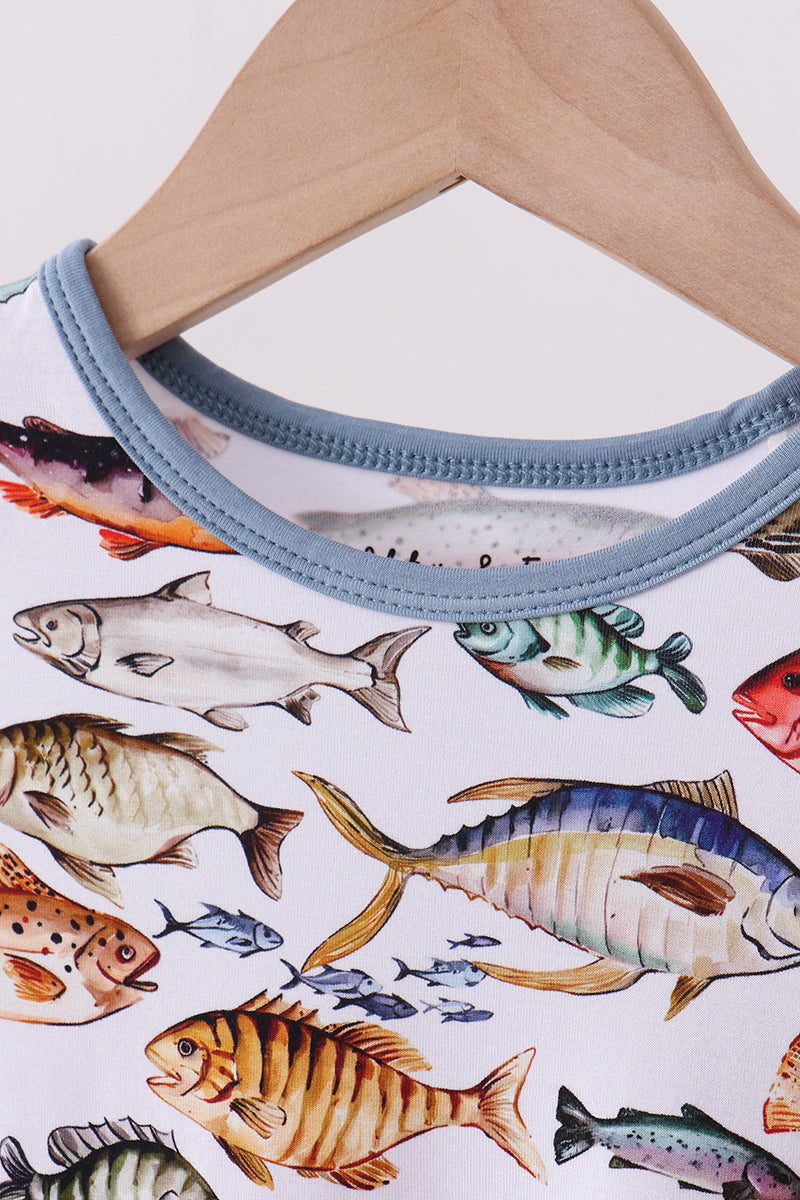 Navy fish bamboo shorts set