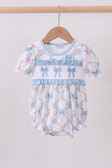 Blue bow floral smocked ruffle bubble