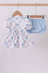 Blue bow floral smocked ruffle bloomer set