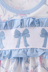 Blue bow floral smocked bubbe