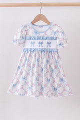 Blue bow floral smocked ruffle dress