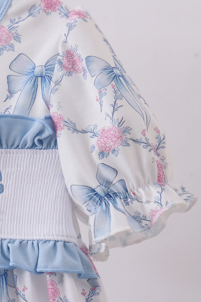 Blue bow floral smocked ruffle dress
